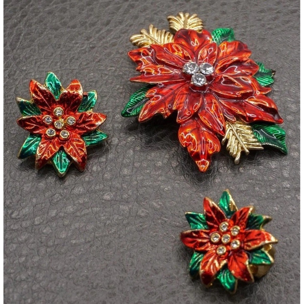 Vintage Red Poinsettia Flower Brooch Clip Earrings Rhinestone Christmas Holiday
